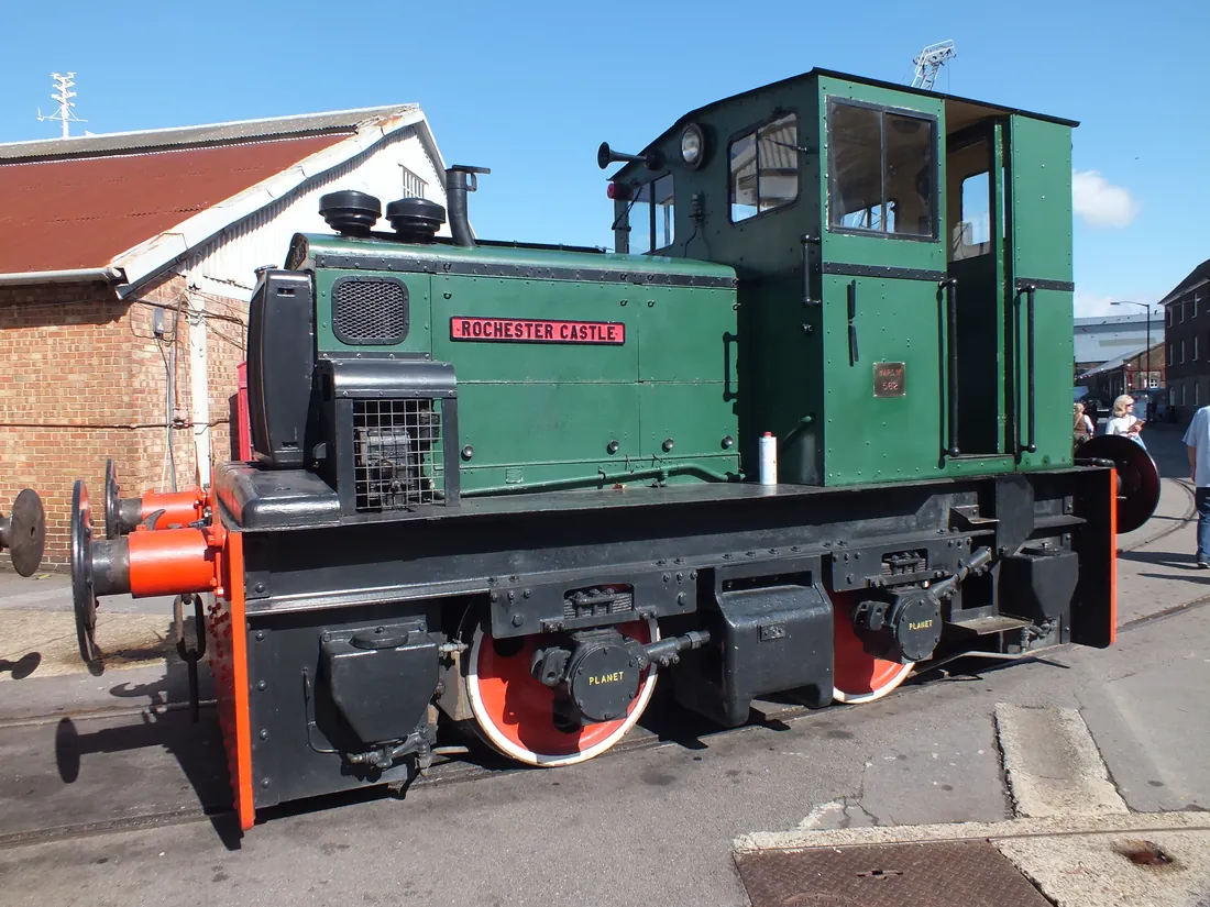 Rochester Castle, a green Hibberd Planet locomotive, at the Dockyard