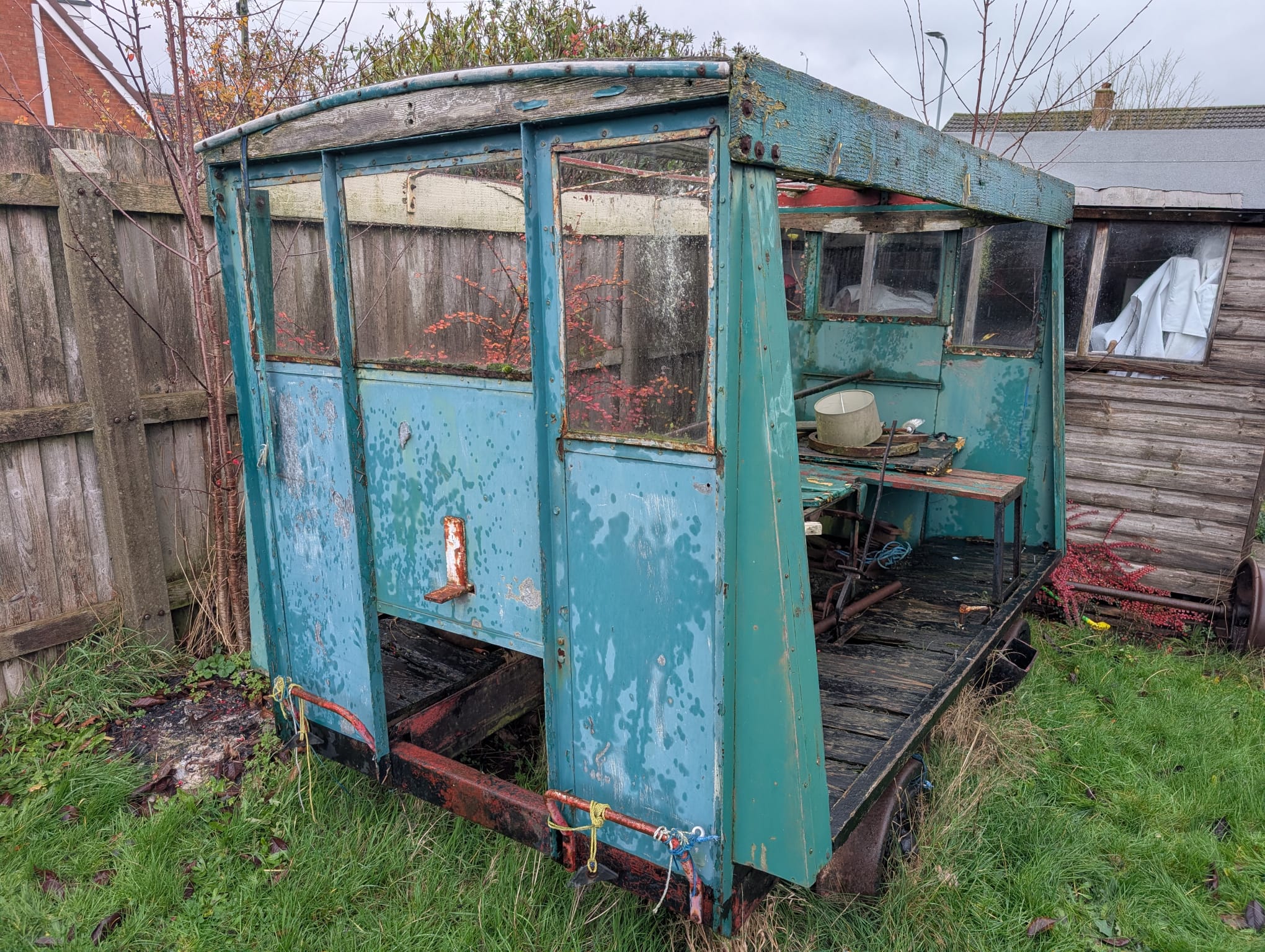 Wickham trolley awaiting restoration outdoors